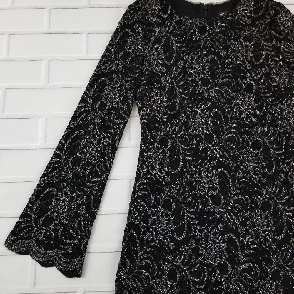 Black Metallic Bell Sleeves Flocked Lace Dress - Picture 7 of 8